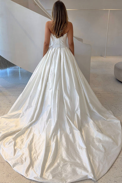 A-Line Off the Shoulder White Satin Wedding Dresses VK26081905