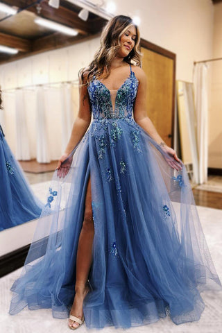 Cute A Line V Neck Sparkly Dusty Blue Tulle Prom Dress with Beading