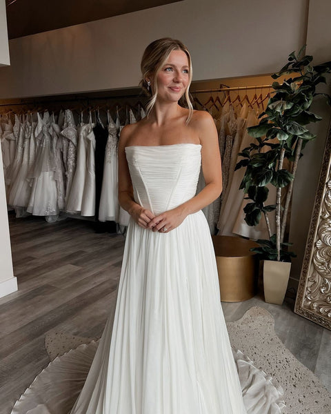 Chiffon A Line Strapless Corset Pleated Bridal Wedding Dresses with Split  VK25101401