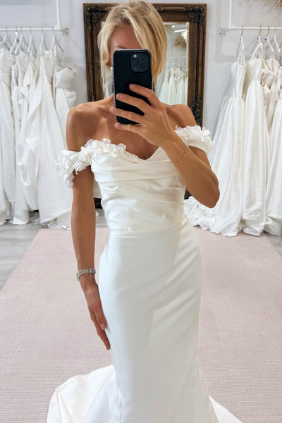 Chic Mermaid Off the Shoulder White Satin Wedding Dresses with Detachable Train VK25102206