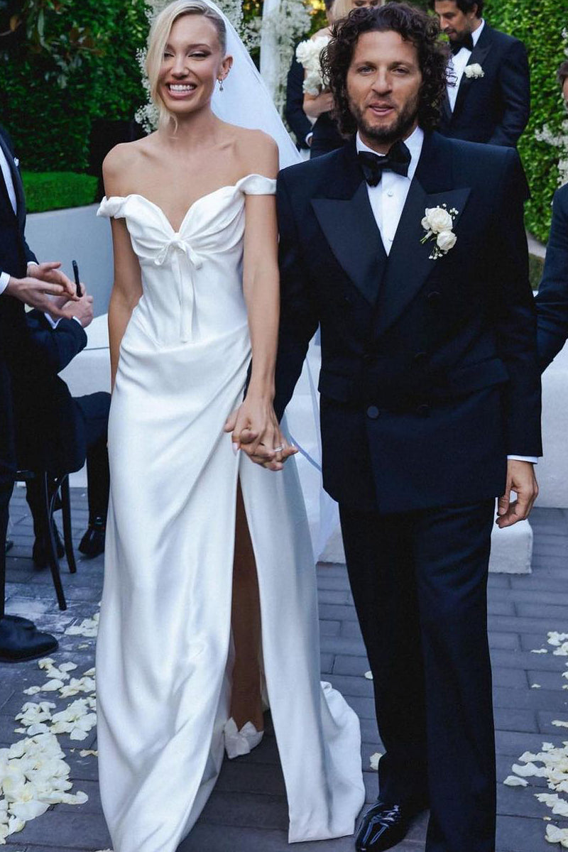 Simple Off the Shoulder White Satin Wedding Dresses VK23121304