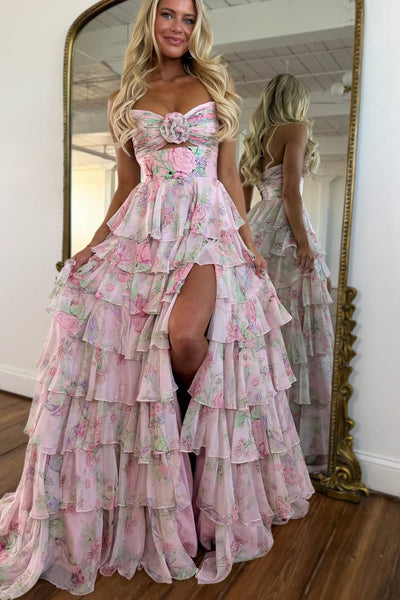 A Line V Neck Sweetheart Floral Chiffon Tiered Long Prom Dress with Slit VK030502