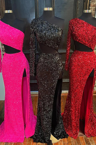 Sheath One Shoulder Red Sequins Long Prom Dress with Silt VK23101903