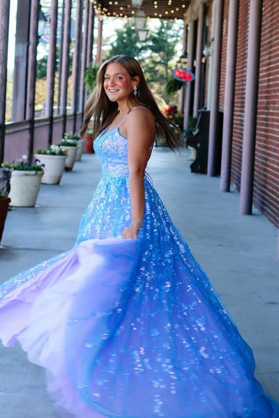 Cute A Line Straps Light Blue Sequins Prom Dresses VK1308