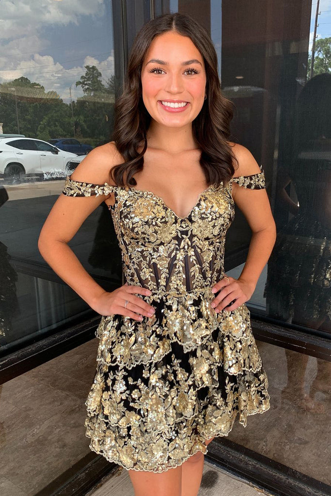 A-Line Off the Shoulder Black and Gold Sequins Lace Homecoming Dresses VK24081105 – Vickidress A-Line Off the Shoulder Black and Gold Sequins Lace Homecoming Dresses VK24081105 – Vickidress
