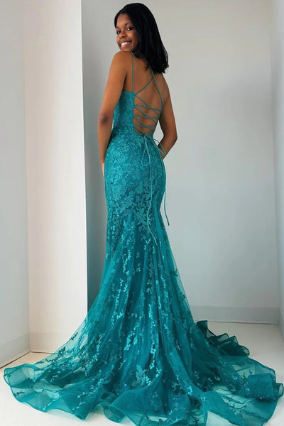 Turquoise Appliques Lace-Up Trumpet Long Prom Dress VK24011306