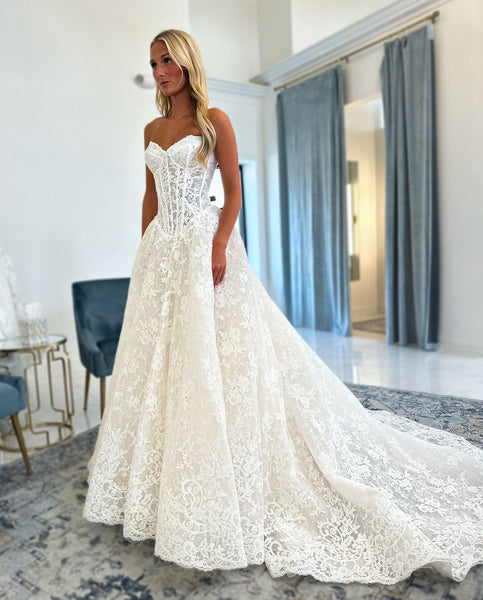 A Line Sweetheart Lace Bohemian Wedding Dresses for Bride with Train VK25101402