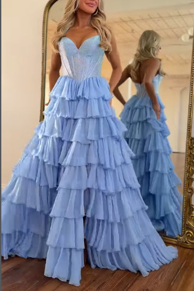 Charming A-Line Strapless Ruffle Tiered Chiffon Long Prom Dresses with Beadings VK26020104