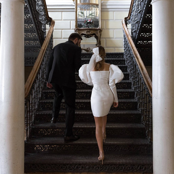 White Satin Short Wedding Dress with Puff Sleeves VK25100201