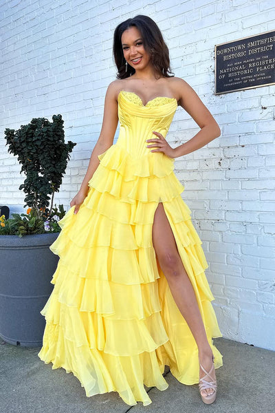 Cute A Line Sweetheart Yellow Chiffon Tiered Prom Dress with Slit VK25011504