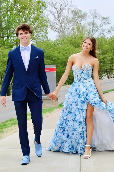 Blue - A-Line Floral Chiffon Sweetheart Ruffled Beaded Long Prom Dresses with Slit