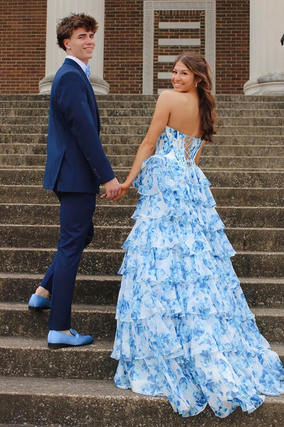 Blue - A-Line Floral Chiffon Sweetheart Ruffled Beaded Long Prom Dresses with Slit
