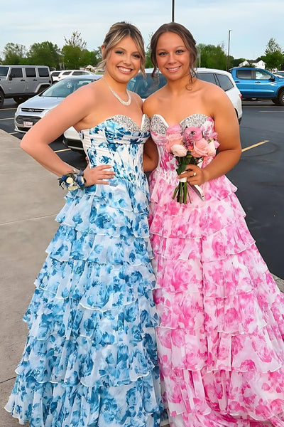 Blue - A-Line Floral Chiffon Sweetheart Ruffled Beaded Long Prom Dresses with Slit