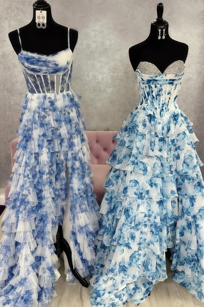 Blue - A-Line Floral Chiffon Sweetheart Ruffled Beaded Long Prom Dresses with Slit