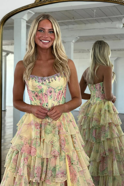 A-Line Strapless Floral Printed Chiffon Ruffle Tiered Corset Long Prom Dresses with Slit VK25102802