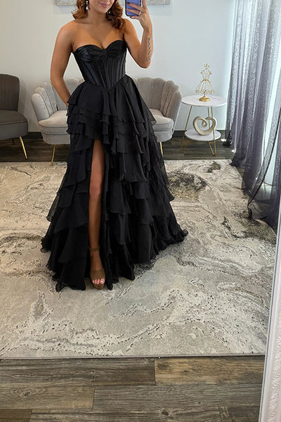 Classic Ball Gown Strapless Black Chiffon Ruffle Tiered Prom Dresses with Slit VK26010706