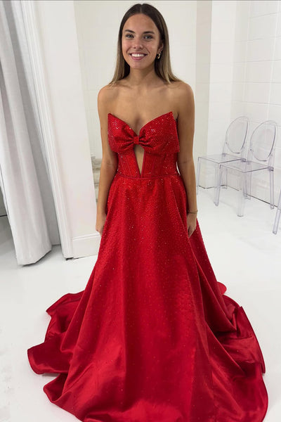 Cute A Line Sweetheart Keyhole Red Satin Long Prom Dress with Hot Stone VK25121011