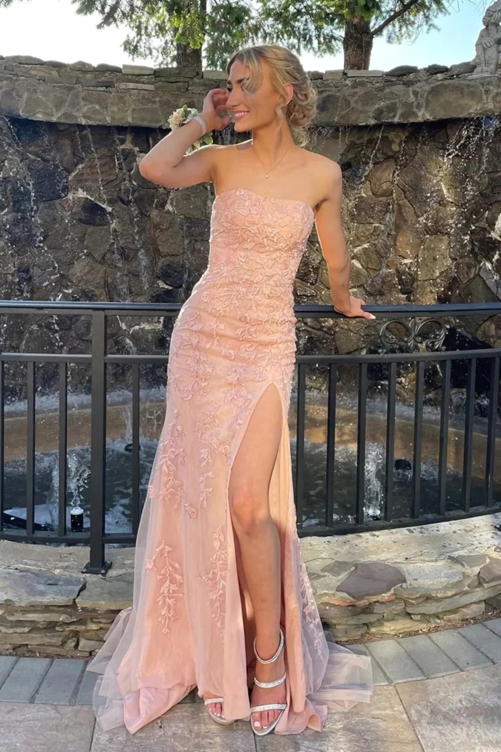 Blush Pink Strapless Lace Long Prom Dress with Slit VK23100309