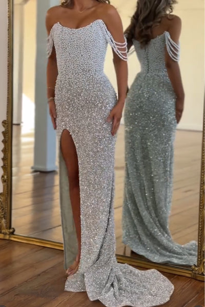 Mermaid Strapless Perals Shoulder Sequins Long Prom Dresses with Slit VK26020106