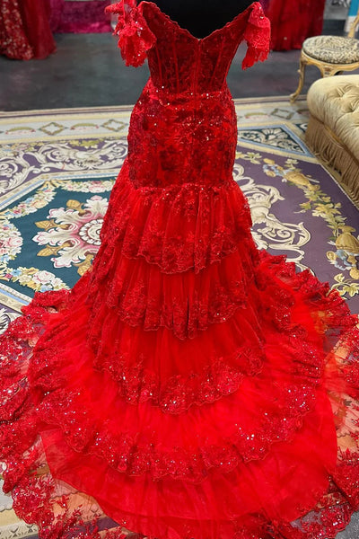 Red A-Line Off the Shoulder Sparkly Tulle Long Prom Dresses with Slit VK23091009