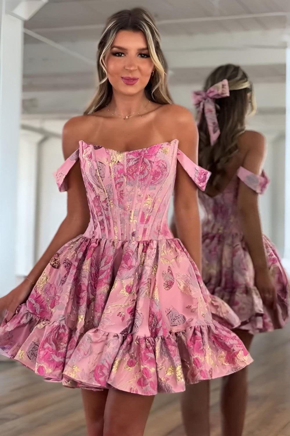 Lovely A-Line Off the Shoulder Pink Floral Printed Short Homecoming Dresses VK25092607