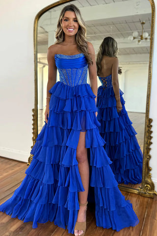 Gorgeous A Line Strapless Daffodial Tiered Chiffon Prom Evening Dresses with Hot Stone VK25052302