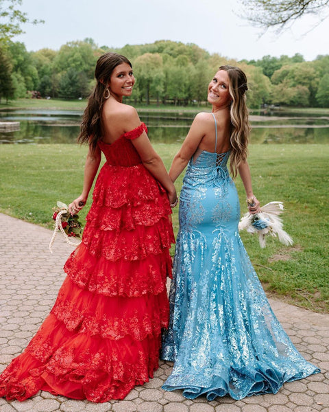 Cute Ball Gown Off the Shoulder Red Sequins Lace Long Prom Dresses with Slit VK23051505