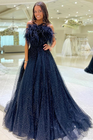 Navy Tulle Sequin Strapless A-Line Long Prom Dress with Feathers VK23120801