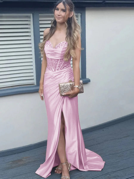 Mermaid Pink Off Shoulder Sheer Corset Rhinestone Long Prom Dress with Slit