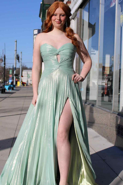 Cute A-Line Sweetheart Pleated Sparkly Satin Long Prom Dress with Slit