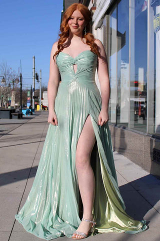 Cute A-Line Sweetheart Pleated Sparkly Satin Long Prom Dress with Slit