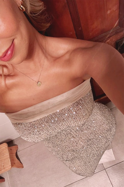 Sage Sheath Strapless Sequined Long Prom Dresses
