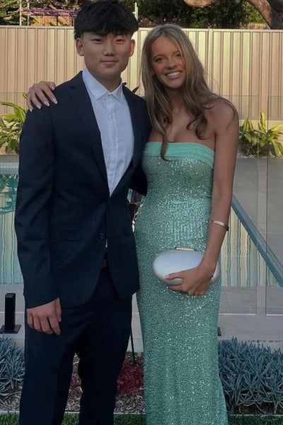 Sage Sheath Strapless Sequined Long Prom Dresses