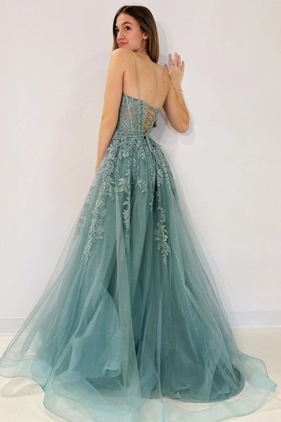 Cute A Line V Neck Tulle Appliques Lace-Up Long Prom Dress