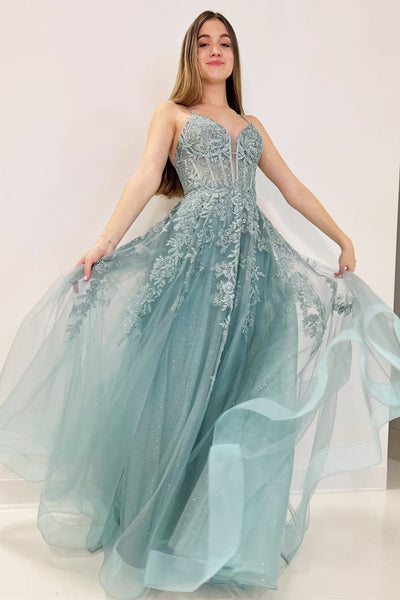 Cute A Line V Neck Tulle Appliques Lace-Up Long Prom Dress