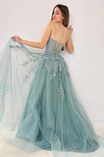 Cute A Line V Neck Tulle Appliques Lace-Up Long Prom Dress