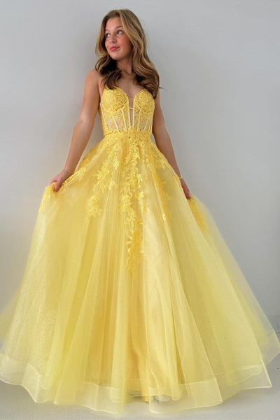 Cute A Line V Neck Tulle Appliques Lace-Up Long Prom Dress