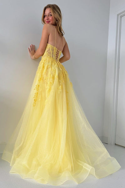 Cute A Line V Neck Tulle Appliques Lace-Up Long Prom Dress