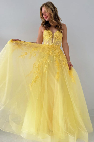 Cute A Line V Neck Tulle Appliques Lace-Up Long Prom Dress