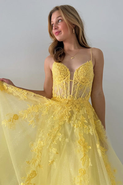 Cute A Line V Neck Tulle Appliques Lace-Up Long Prom Dress