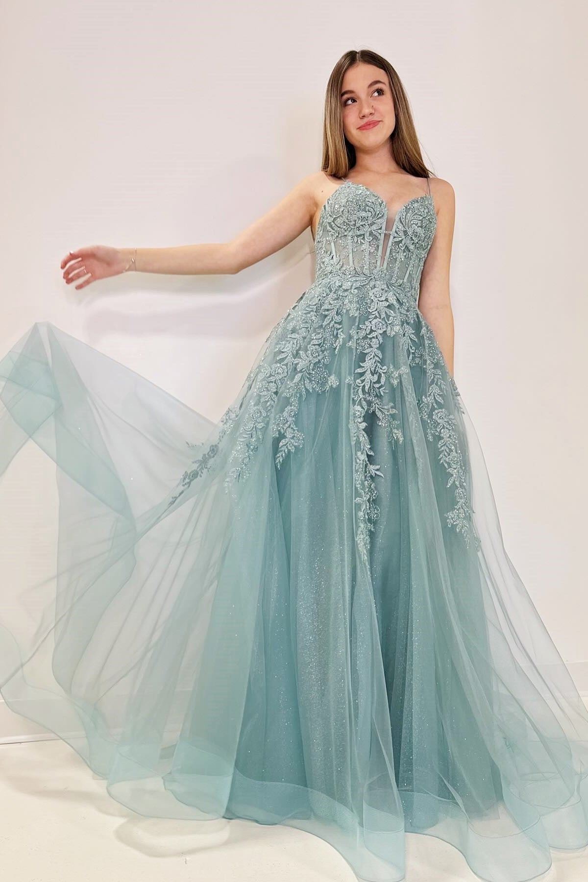 Cute A Line V Neck Tulle Appliques Lace-Up Long Prom Dress