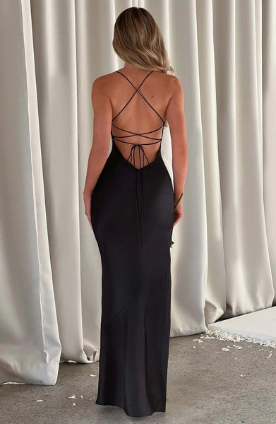 Satin Maxi Dress Cross Over Straps with A Self Tie Fastening