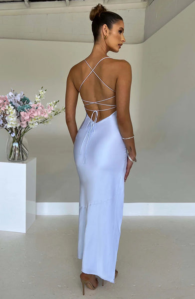 Satin Maxi Dress Cross Over Straps with A Self Tie Fastening