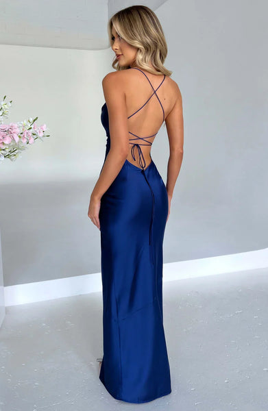 Satin Maxi Dress Cross Over Straps with A Self Tie Fastening