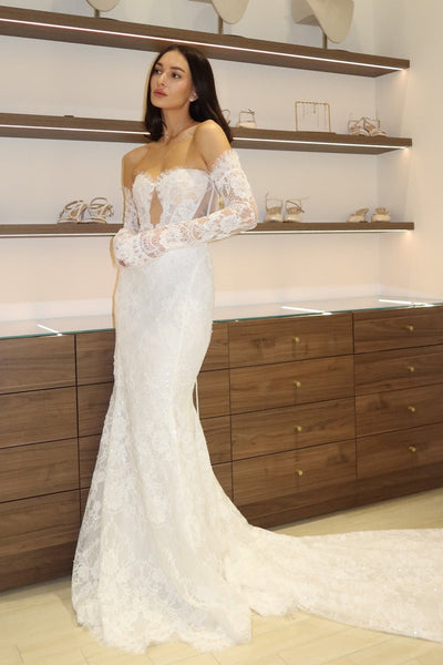 Off the Shoulder Lace Long Sleeve Cutout Mermaid Floor-Length Wedding Dress