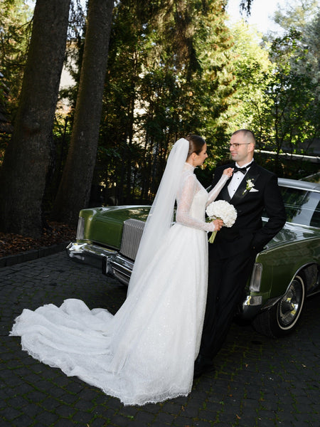 Lace Sparkle High Neck Long Sleeve A-Line Wedding Dress