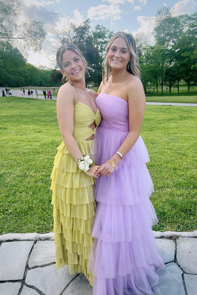 Cute A Line Sweetheart Yellow Tiered Chiffon Long Prom Dress