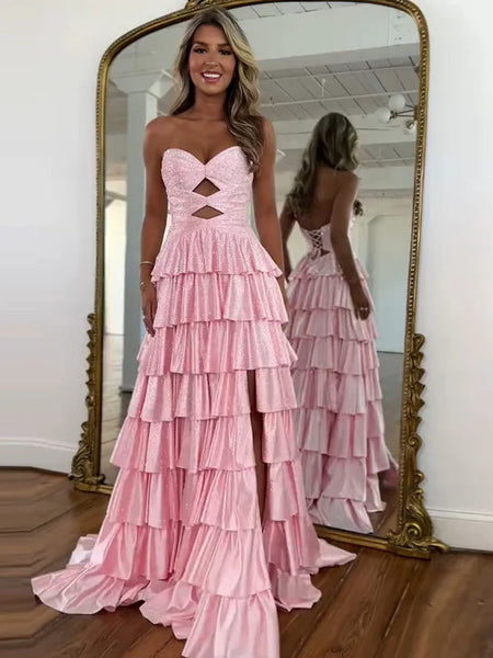 Gorgeous A Line Sweetheart Hot Pink Hot Fix Tiered Prom Dress with Slit VK162403