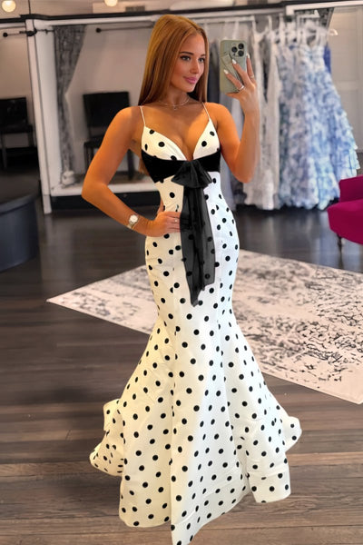 Fuchsia Spaghetti Straps Polka Dots Mermaid Formal Prom Dresses With Bow