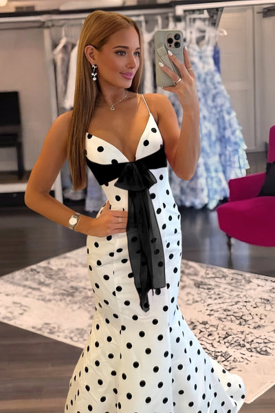 Fuchsia Spaghetti Straps Polka Dots Mermaid Formal Prom Dresses With Bow